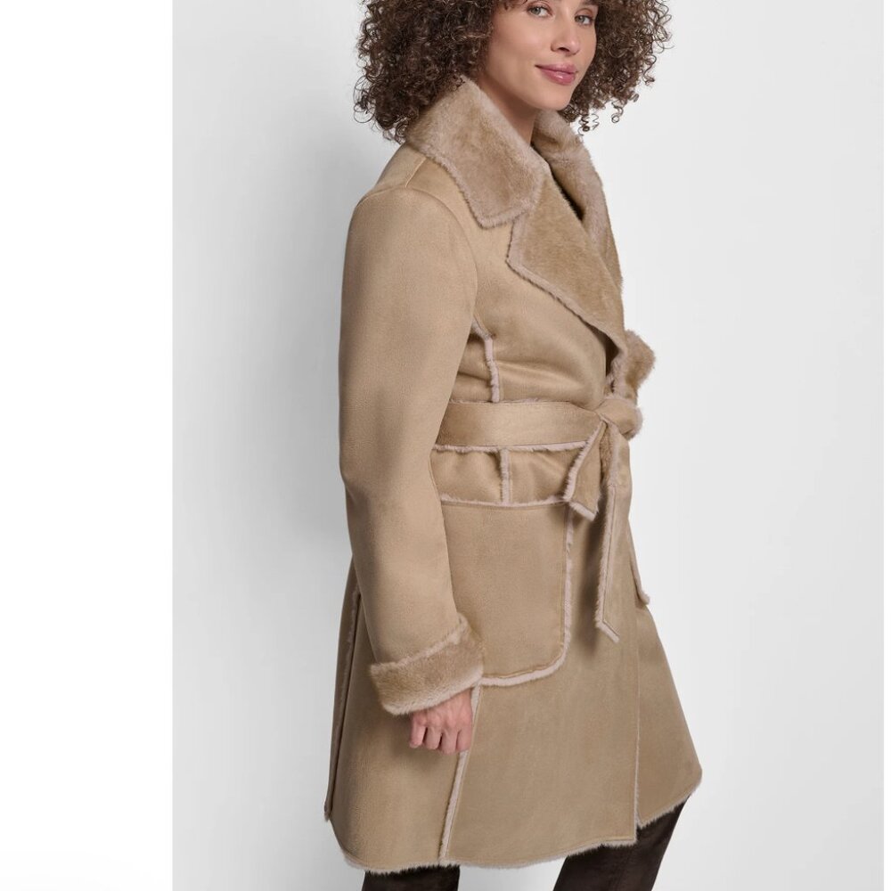 NWT DKNY Women's Belted Notched-Collar Faux-Shearling Coat - Picture 3 of 7